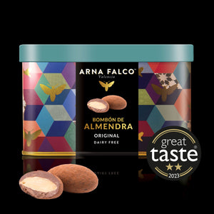 A colourful tin box of Dairy-Free, milk chocolate coated almonds by Arna Falco Valencia, featuring a "Great Taste 2023" award label and decorated with a geometric and butterfly pattern.